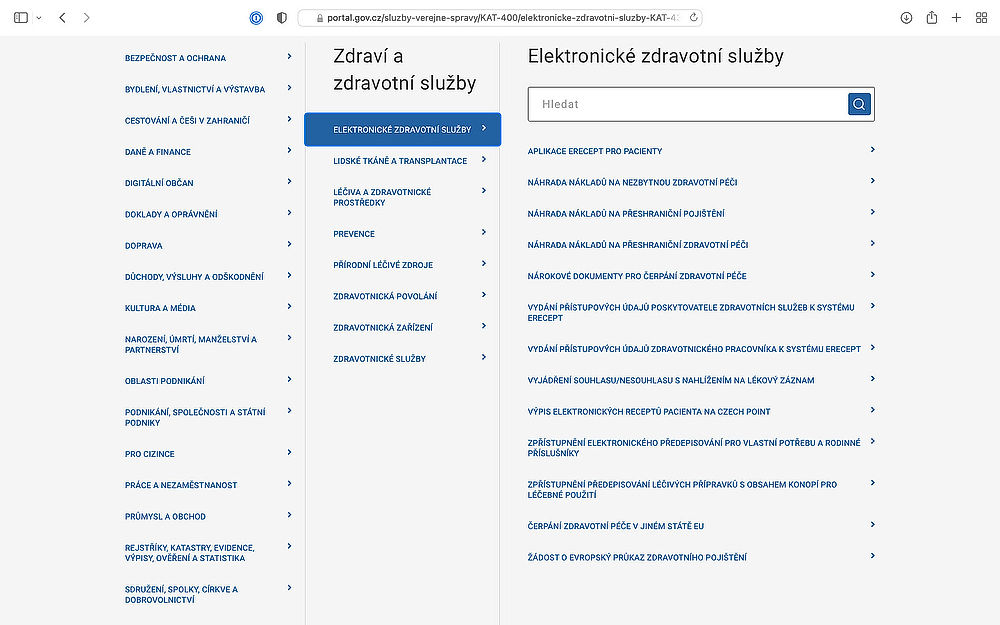 náhled Portálu veřejné správy, vybrána je položka „Elektronické zdravotní služby“