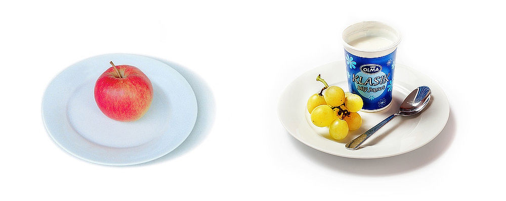 ilustrační obrázek: jablko, jogurt a hrozny