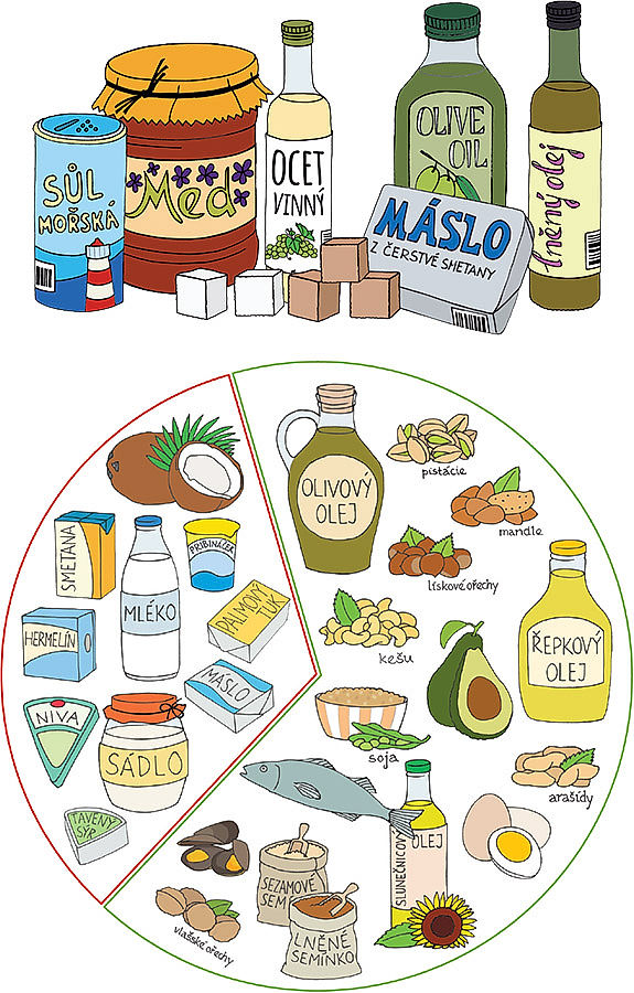 Potraviny z vrcholu pyramidy: ochucovadla a tuky. Kolečko tuků znázorňuje, že minimálně dvě třetiny přijatých tuků by měly tvořit nenasycené tuky, maximálně třetinu nasycené tuky.