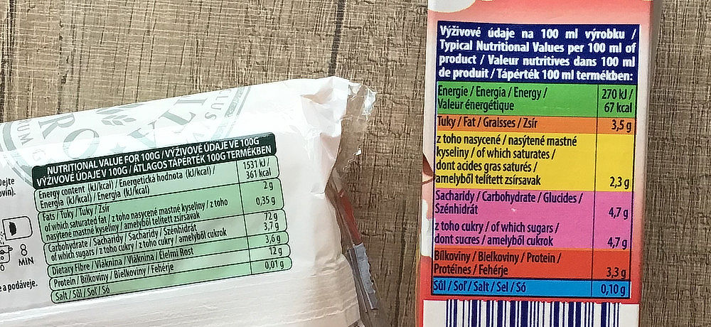 Ukázky informací uvedených na potravinářských obalech.